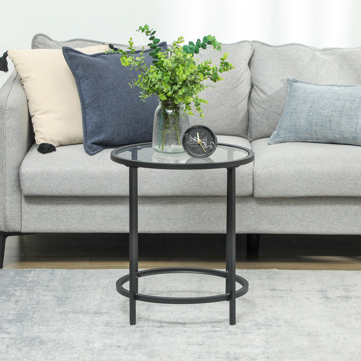 BEISTELLTISCH Rund Couchtisch mit Tischplatte aus Glas, Metallrahmen, Schwarz - Schwarz, Metall (48/48/54.7cm) - HOMCOM