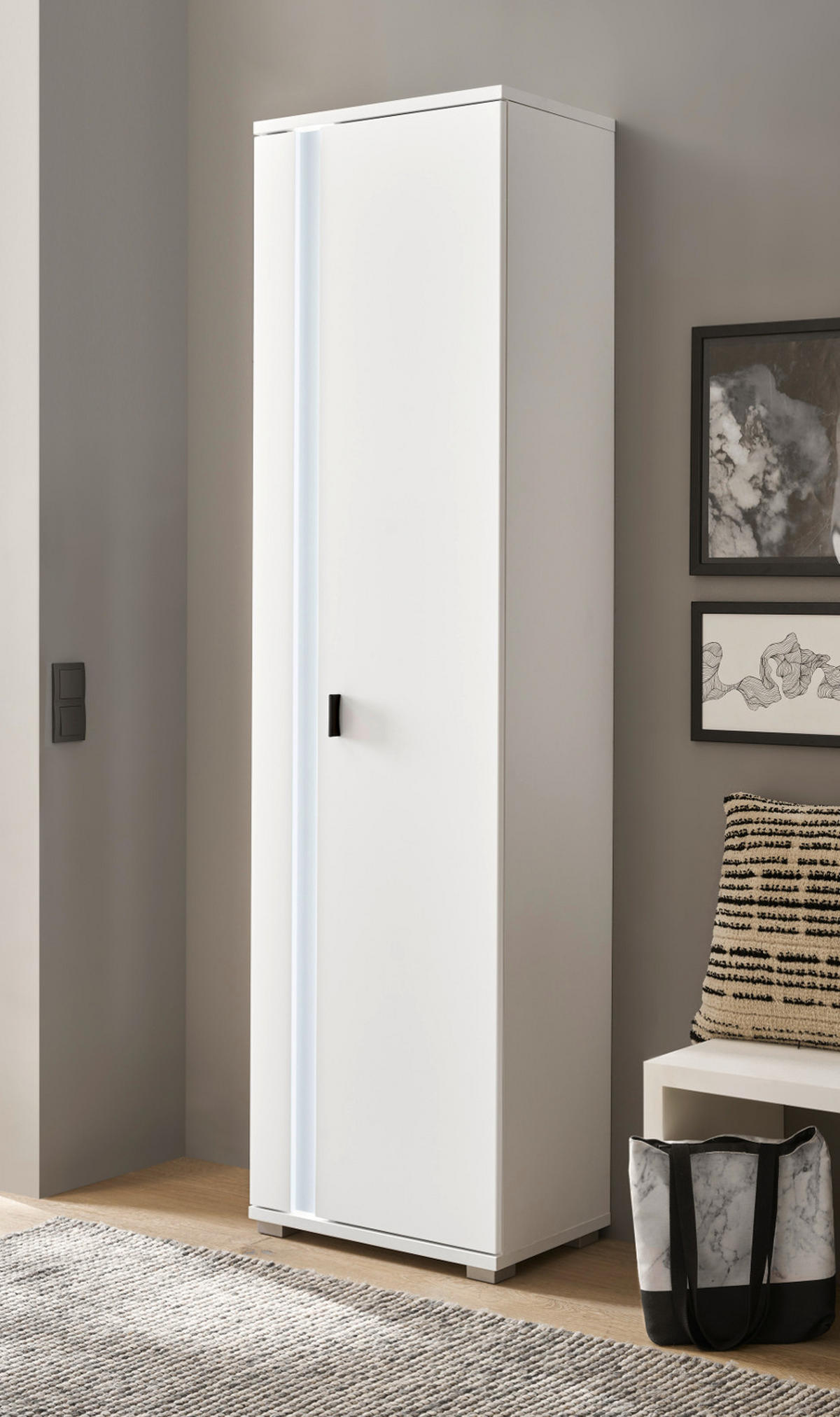 STAURAUMSCHRANK weiß matt, Mehrzweckschrank inklusive Frontbeleuchtung 55 x 200 cm - Weiß, Holzwerkstoff (55/200/35cm) - Furn.Design