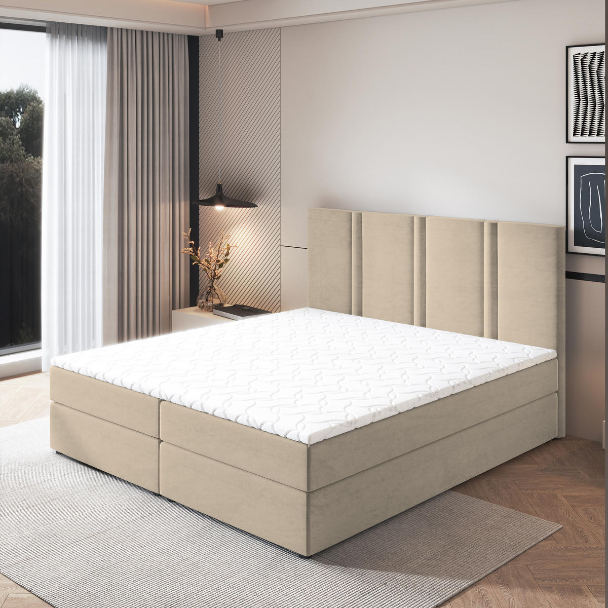 BOXBETT LARIO 180x200 cm mit Matratze und Topper - Beige - Beige, Holz (180/200cm) - MASSENO