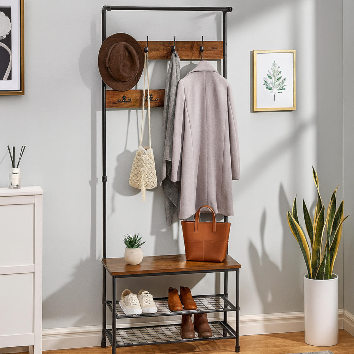 GARDEROBENSTÄNDER Metall Holzoptik Dunkelbraun Schwarz mit Bank 66×32×186 cm - Dunkelbraun/Schwarz, Holzwerkstoff/Metall (66/186/32.5cm) - Begryf
