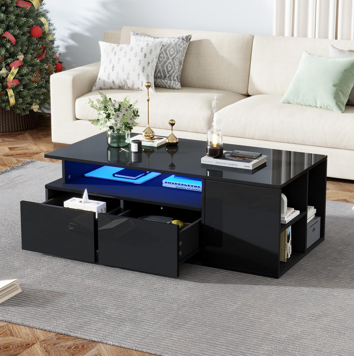 COUCHTISCH 100/50/35 cm mit LED-Beleuchtung, 2 Schubladen und 3 Ebenen in Hochglanz, Schwarz - Schwarz, Holzwerkstoff (100/50/35cm) - Redom