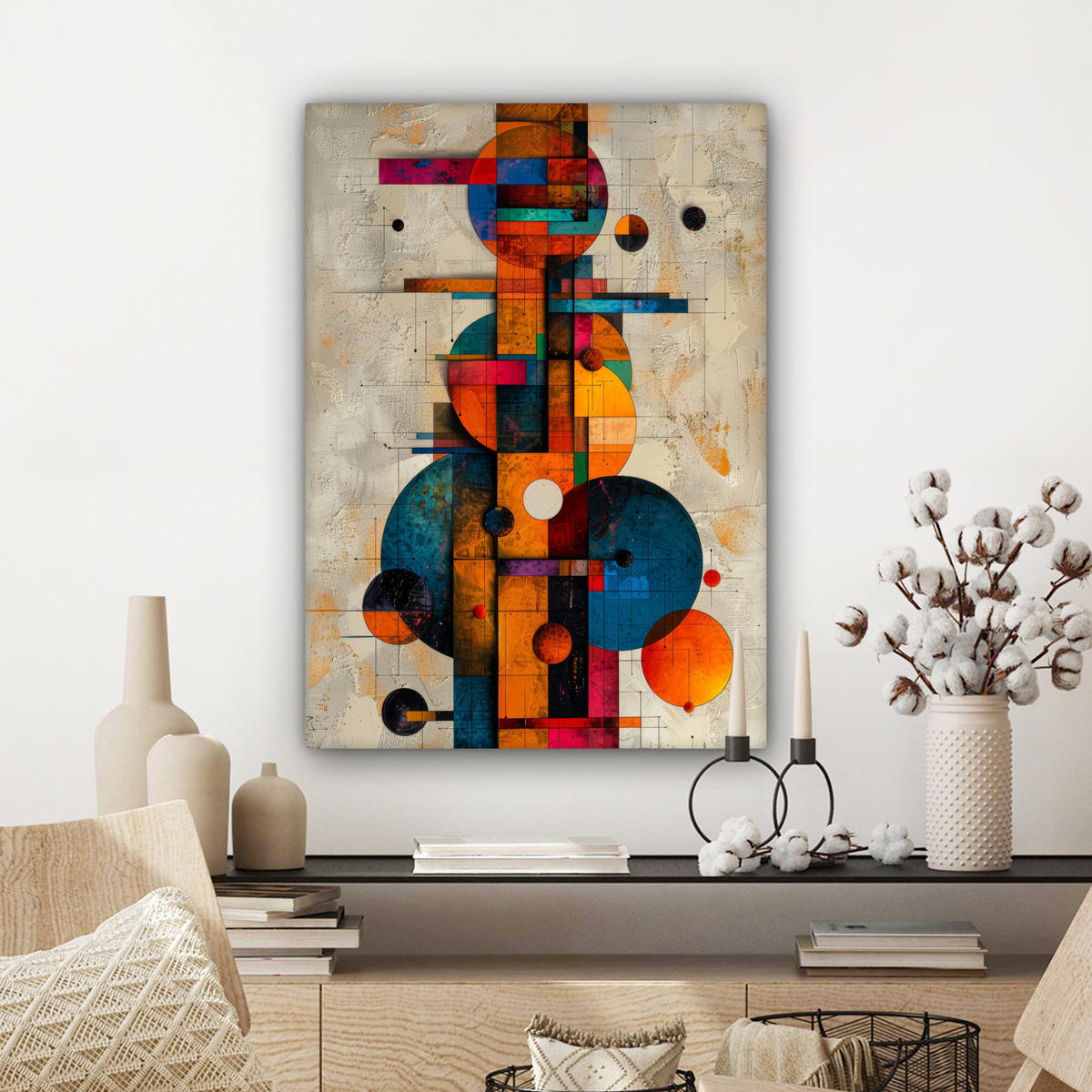 LEINWANDBILD - Vintage - Moderne Kunst - Orange - Geometrische Formen - 60x80 - Gemälde - Multicolor, Textil (60/80cm) - MuchoWow