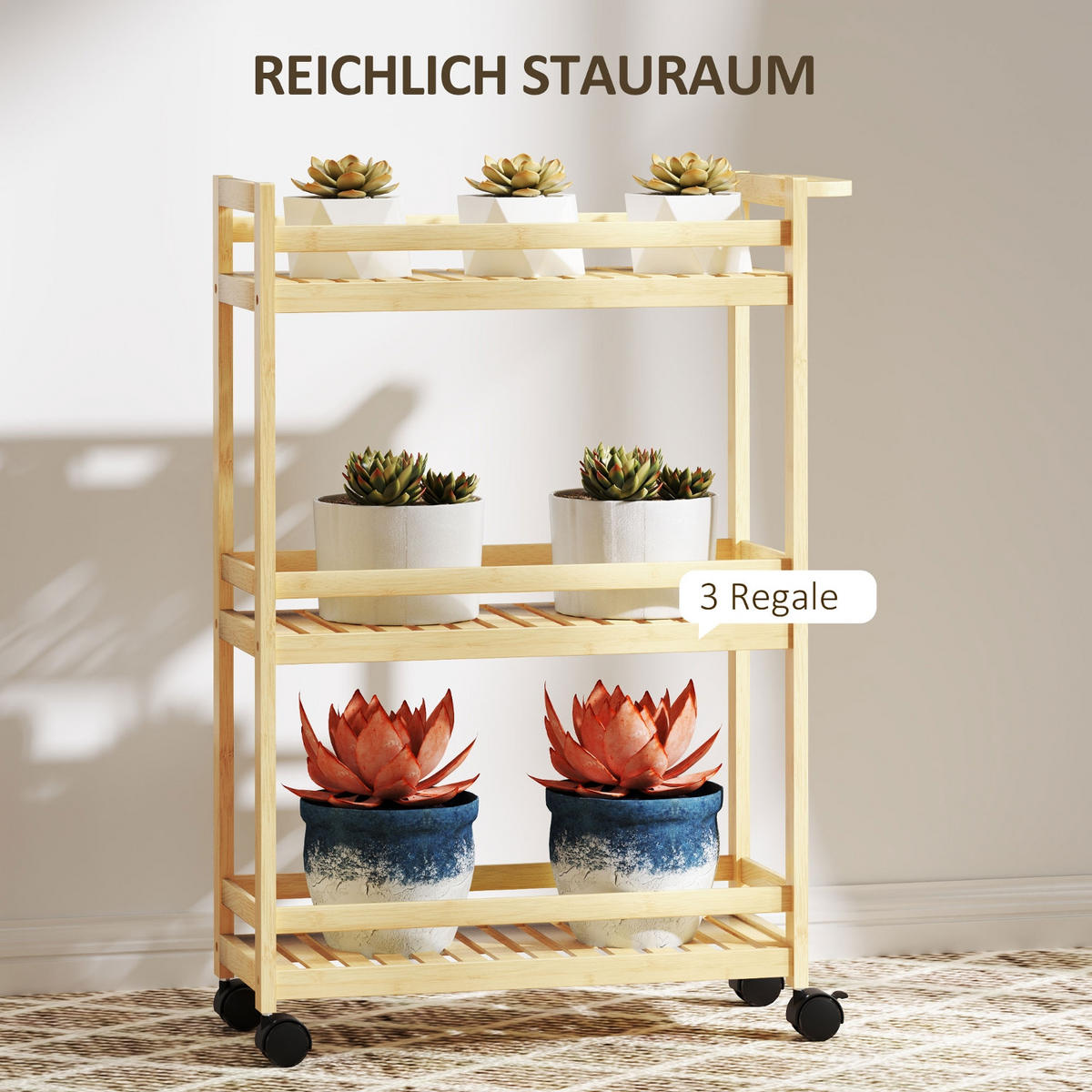 KÜCHENWAGEN Aus Bambus, PLATZSPAREND MIT 4 ROLLEN, Für Küche Und Wohnzimmer - Naturfarben, Holzwerkstoff (20/75/55cm) - Rolipo