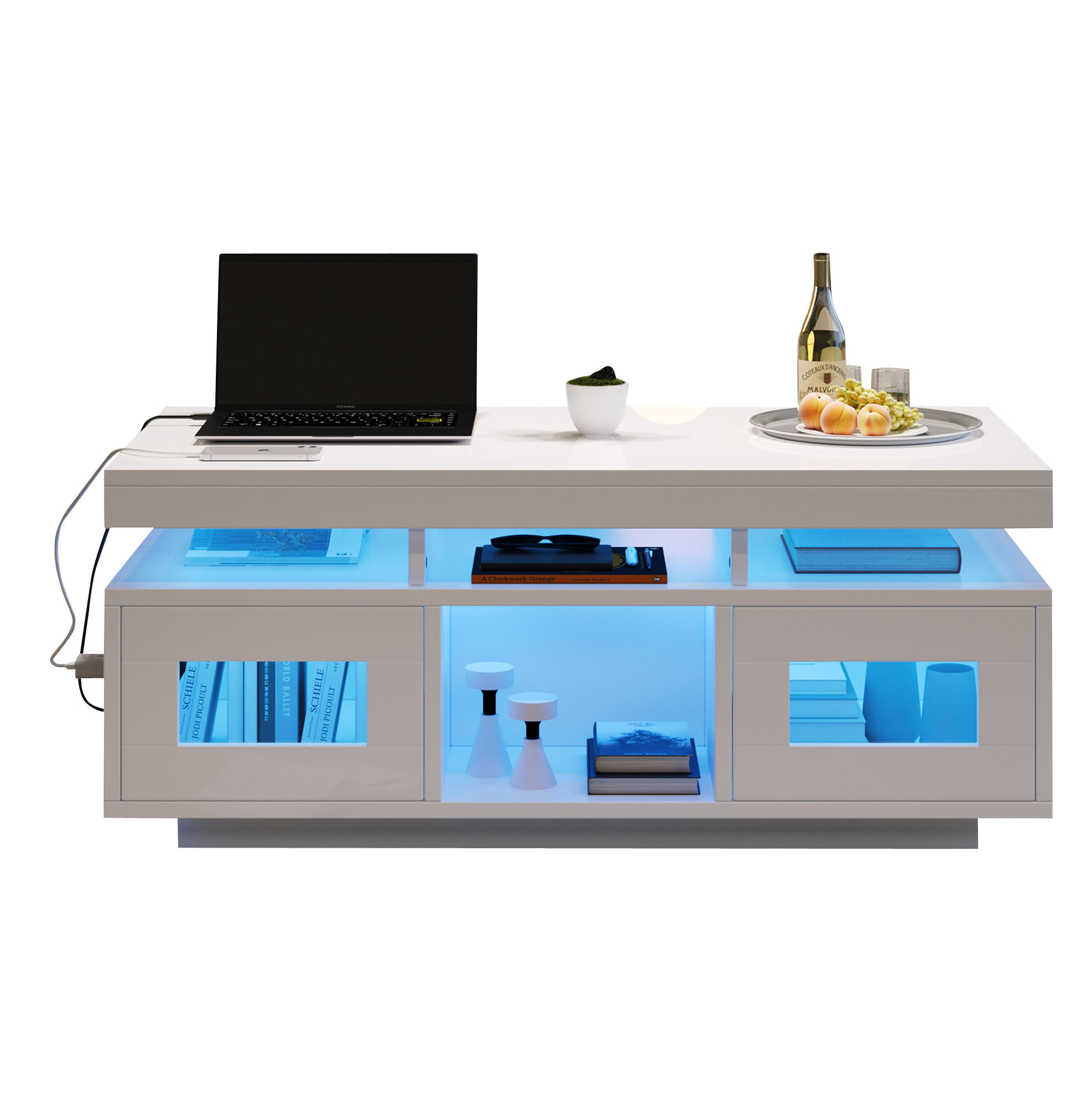OKWISH KONFERENČNÝ stolík 100/50/43 cm biely z drevotriesky s LED osvetlením úložným priestorom a zásuvkou s USB