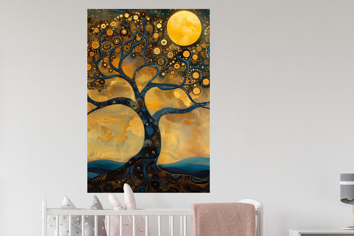 WANDTATTOO Baum - Mond - Blumen - Gold - Kunst 80x120 cm - Orange, Kunststoff (80/120/0.1cm) - MuchoWow