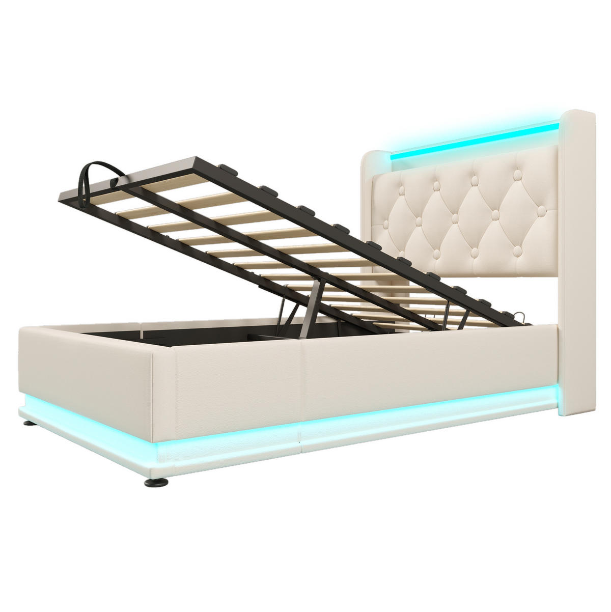 POLSTERBETT 90/200 cm Weiß aus PU mit LED, Stauraum und Matratze - Weiß, Kunststoff (90/200cm) - OKMYHOME