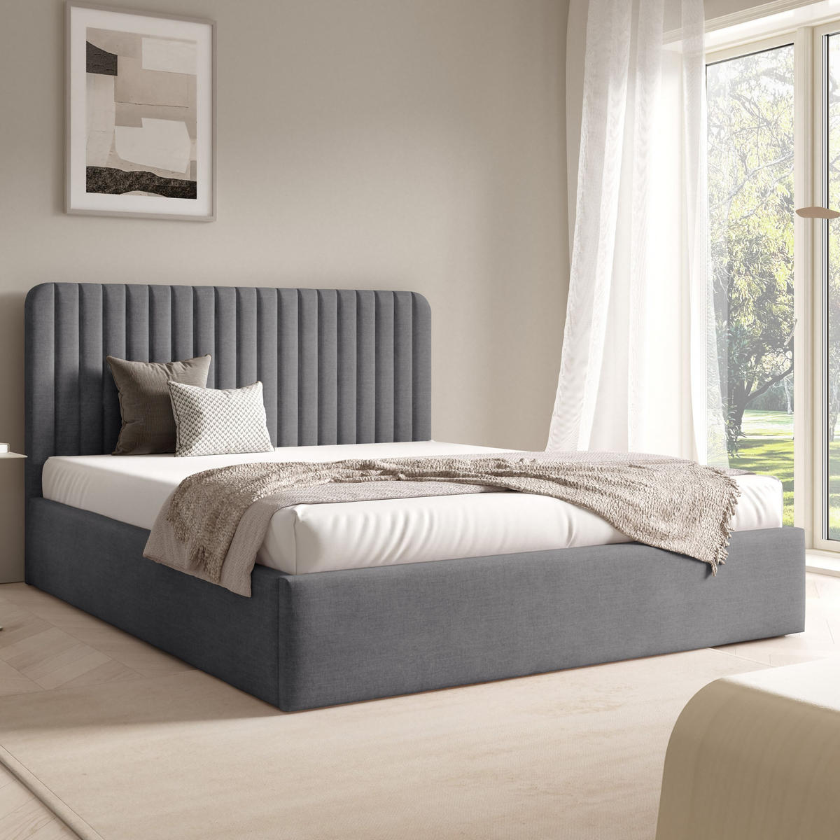 POLSTERBETT BEA II mit Bettkasten 180x200,Doppelbett mit Stauraum,Lattenrost,Boxspringbett-Optik,ohne Matratze-Dunkelgrau - Anthrazit, Holz (180/200cm) - Furnistar