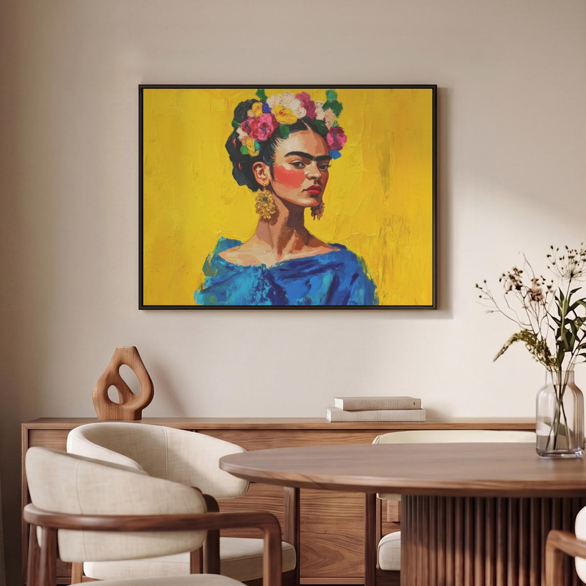 LEINWAND Bilder mit Rahmen - Frida Kahlo - Frau - Gelb - Blau - Blumen - 80x60 - Gelb, Textil (80/60cm) - MuchoWow