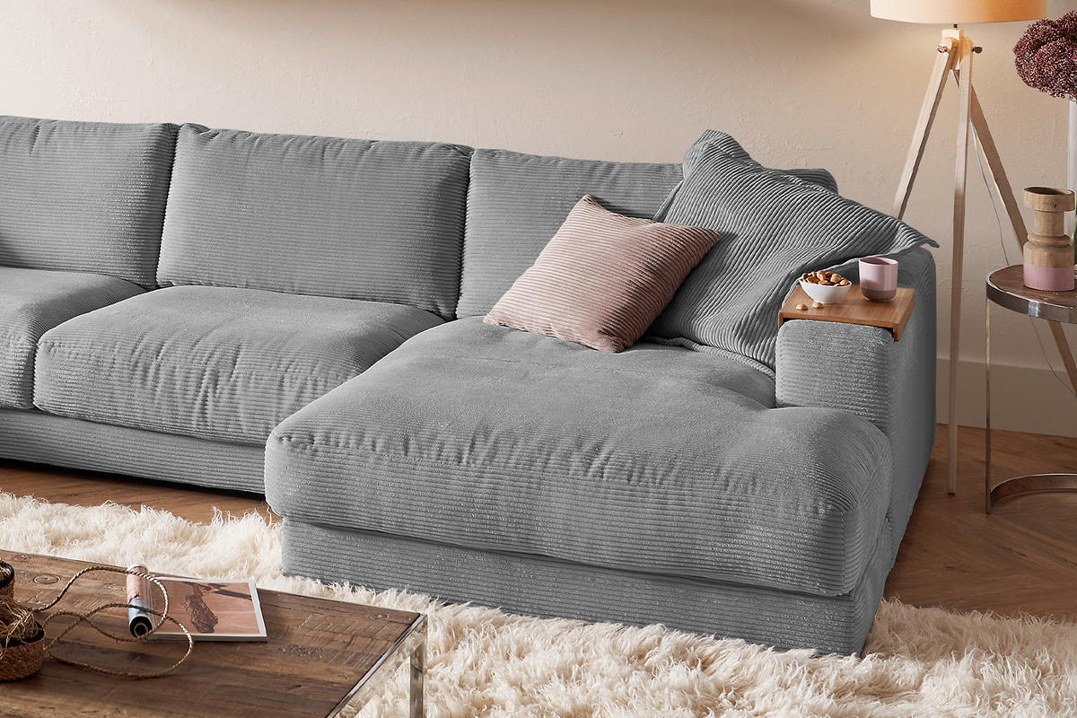 WOHNLANDSCHAFT MADELINE Grau Cord - Schwarz/Grau, Kunststoff/Textil (425/86/224cm) - KAWOLA