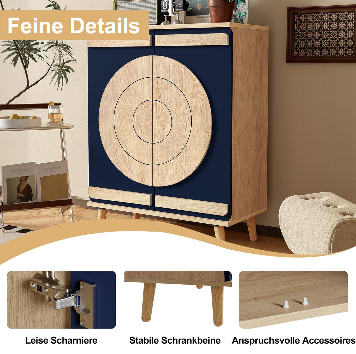 SCHUHSCHRANK 76/37/98,5 cm blau/natur aus Spanplatte mit Massivholzbeinen - Naturfarben, Holzwerkstoff (76/98.5/37cm) - OKWISH