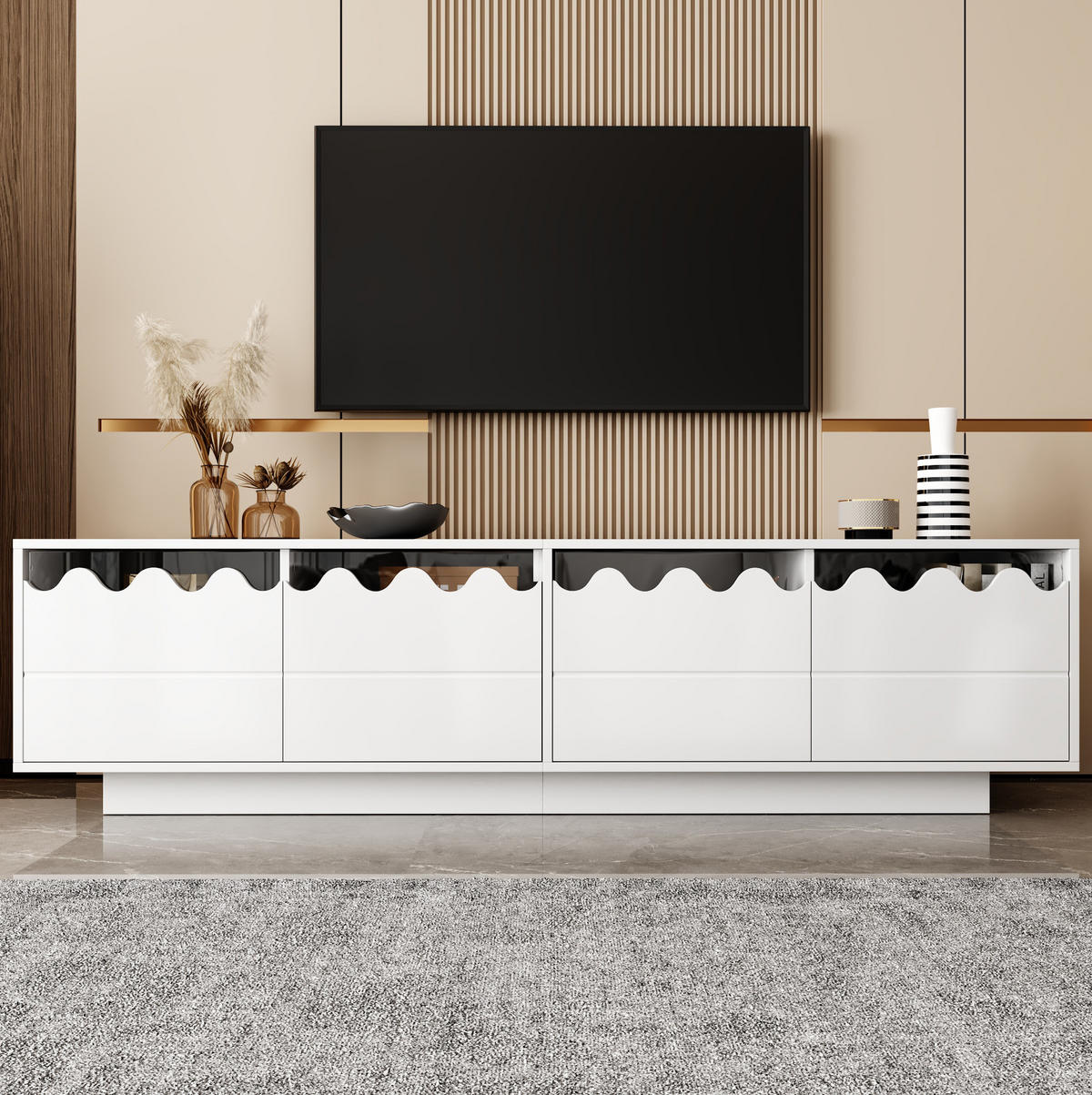 TV-LOWBOARD aus MDF und Spanplatte 170x40x45 cm Weiß mit 4 Türen und Glasregalen - Weiß, Holzwerkstoff (170/40/45cm) - IVMEU
