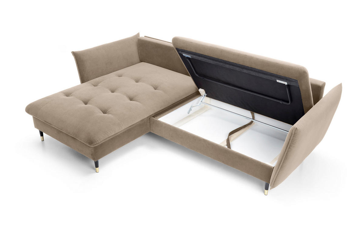 ECKSOFA GLAM mit Schlaffunktion, Ottomane & goldenen Füßen – Samtsofa im Glamour-Stil mit Zierkissen, 258x167x91cm, Linke, BEIGE - Beige, Holz/Textil (167/258cm) - DomoHome