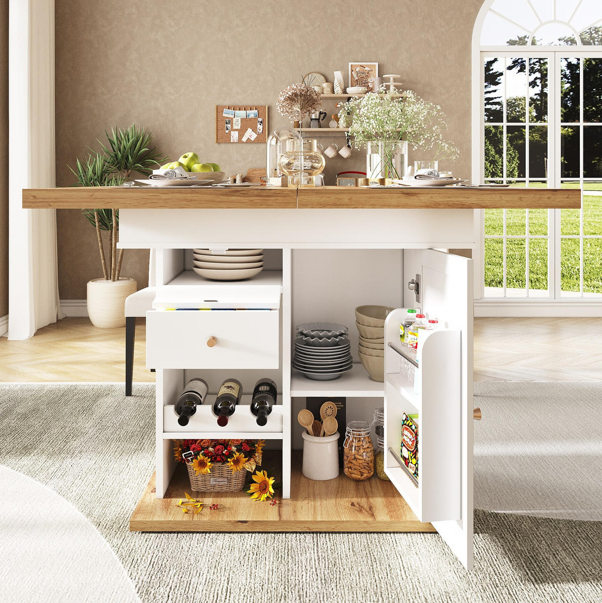 ESSTISCH aus MDF 110-140x80x75 cm Natur/Weiß ausziehbar mit Schublade, Klapptür und Regalen für Snacks und Wein - Naturfarben, Holzwerkstoff (140/80/75cm) - Modfu