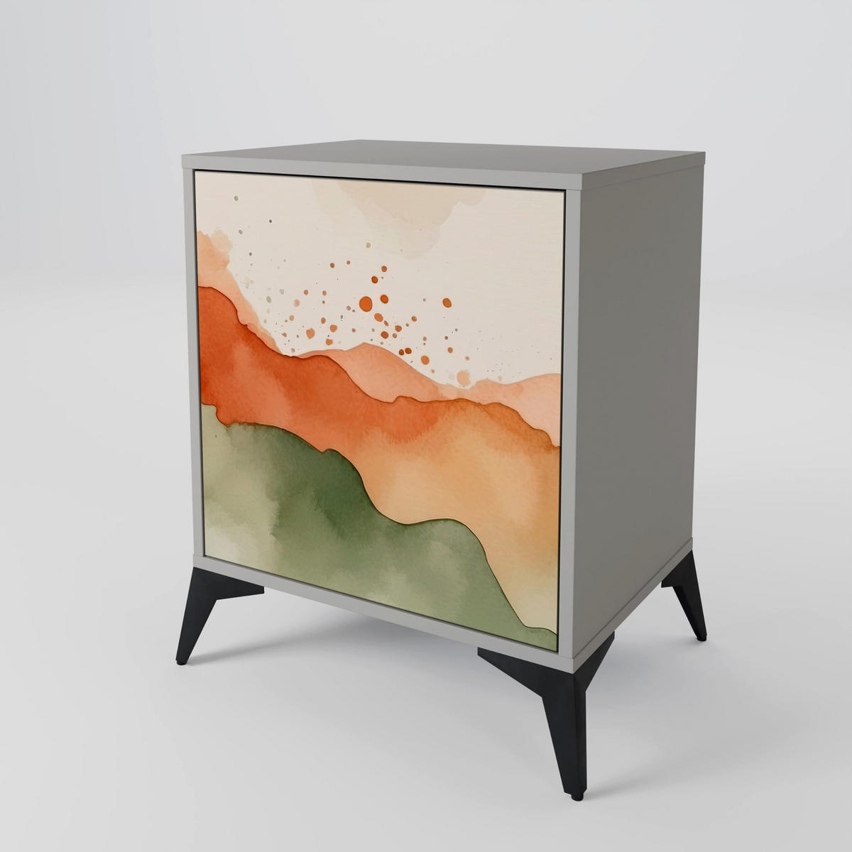 SIDEBOARD WATERCOLOUR PEAKS, Grau, 57,5x42x77,5 cm, Schräge Buchenholzfüße - Buchefarben/Multicolor, Holzwerkstoff/Buchenholz (57.5/77.5/42cm) - SpaceRebels