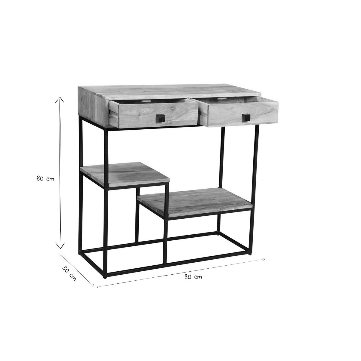 KONSOLE 2 Schubladen Akazienholz Metall L80 GRENELLE - Dunkelbraun, Holz (80/30/80cm) - Miliboo