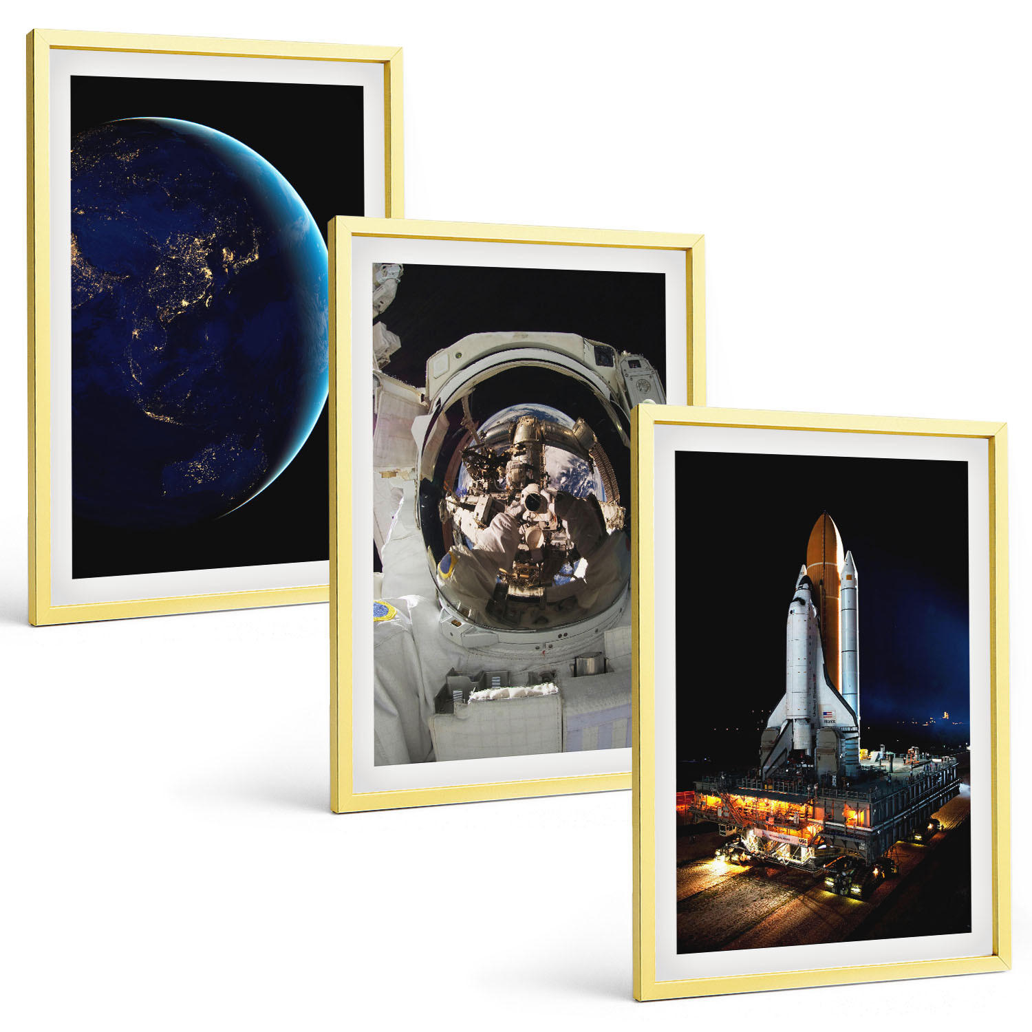 BILDER SET 3er Set - 40x60 cm Goldrahmen - Weltraum Erde Astronaut Rakete - Goldfarben, Kunststoff (40/60cm) - TULUP