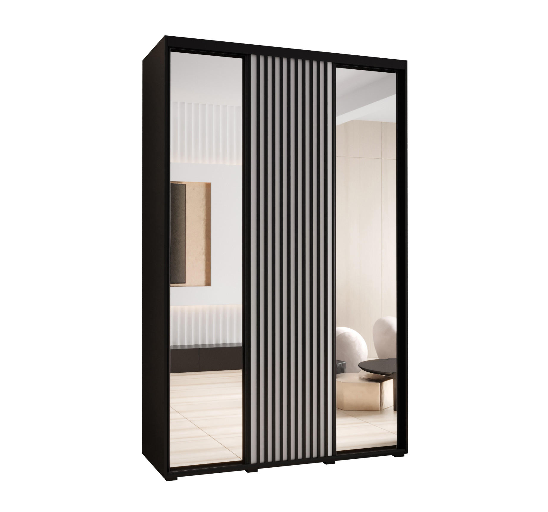 Abiks Möbel Schwebetürenschrank Schwarz, Weiß, Schwarz 160x205.2x45 cm