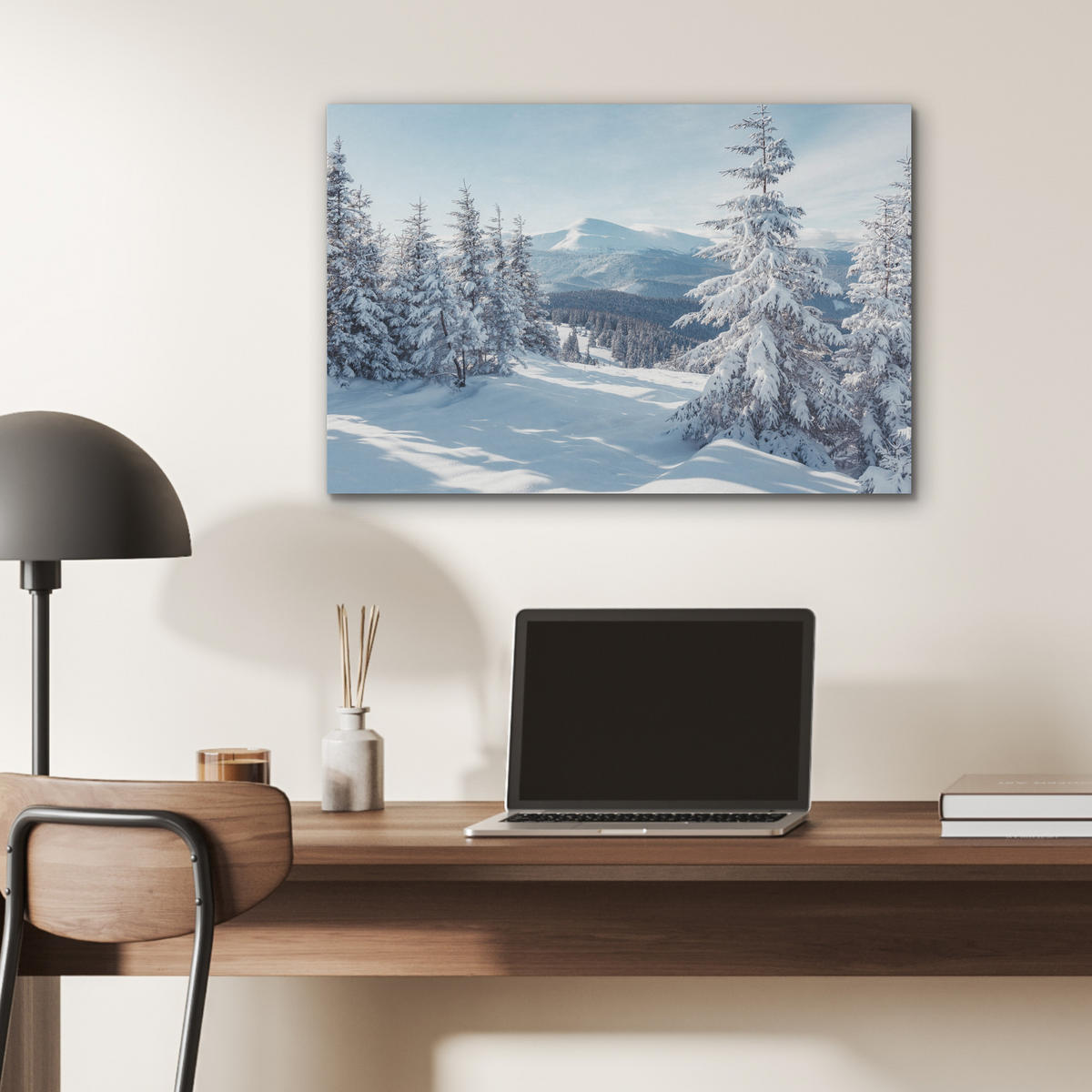 AKUSTIKBILD Winterlandschaft - Natur - Berge - Bäume - Schnee Wanddeko 70x50 cm - Hellblau, Kunststoff (70/50/0.9cm) - MuchoWow