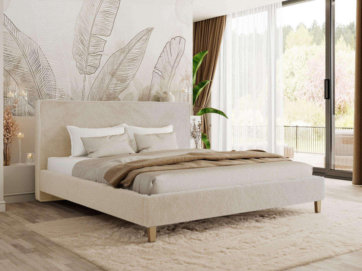 ČALÚNENÁ POSTEĽ LUMARO CLASSIC 140/200 - Krémová Plyš - Matrac Multipocket - krémová/jadrový buk, drevo/textil (140/200cm) - MKS