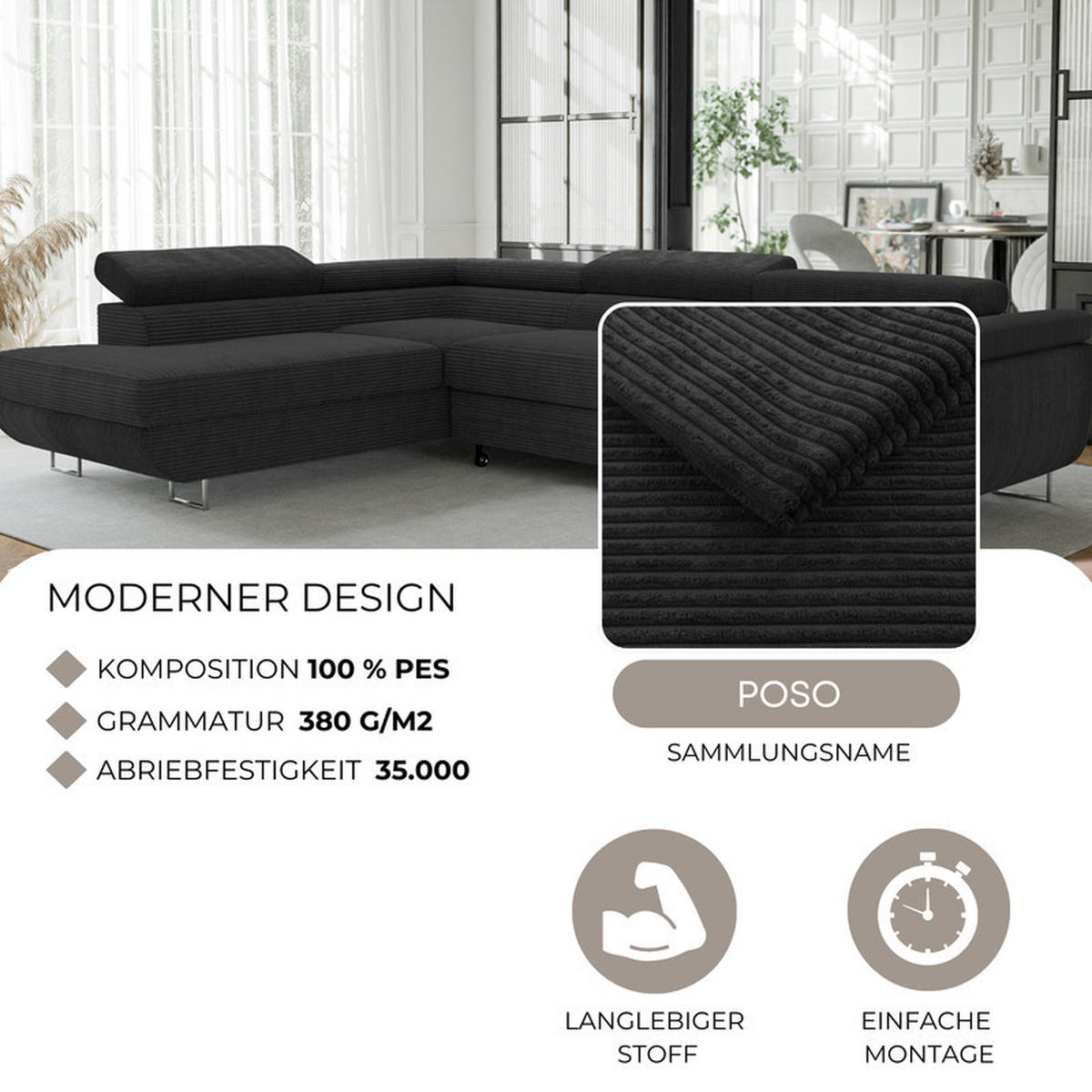 ECKSOFA ANTON mit Schlaffunktion und Bettkasten Anthrazit - Anthrazit, Holzwerkstoff/Kunststoff (274/203cm) - Idohome