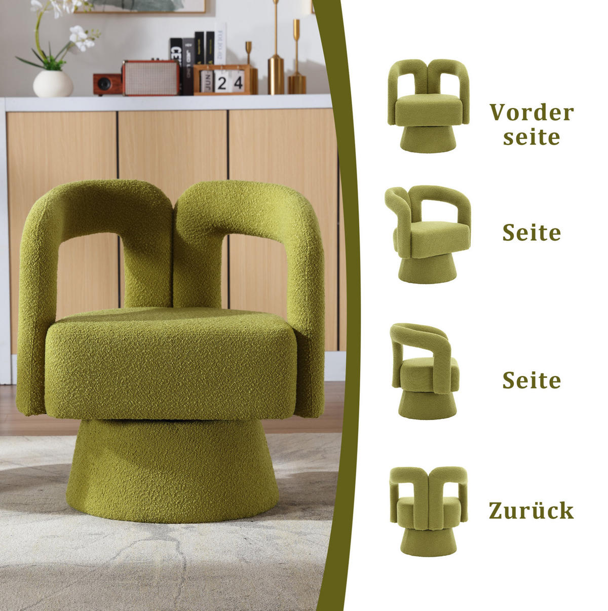 OTOČNÉ kreslo 55/67/74 cm olivovozelené s 360° otáčaním z buklé - olivovozelená, textil (55/74/67cm) - OKWISH