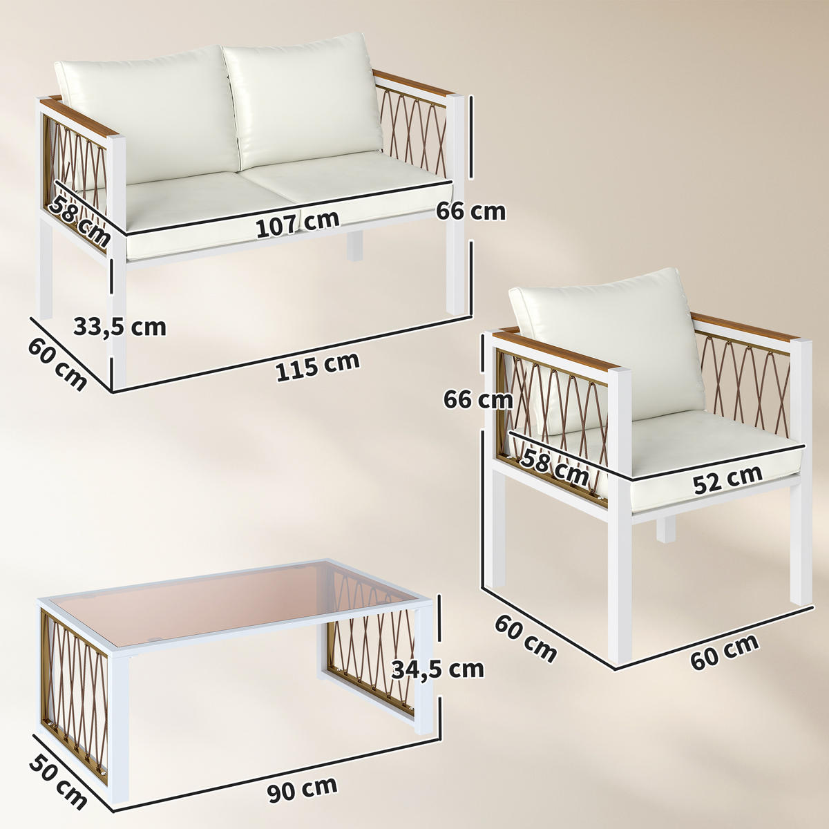 RATTAN-GARTENMÖBEL-SET 4er Set Metall PE-Rattan Cremeweiß - Creme/Braun, Textil/Metall - Outsunny