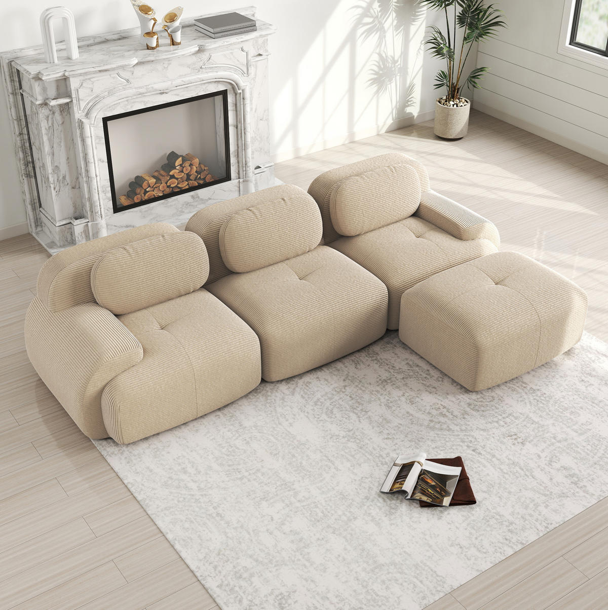 ECKSOFA Beige aus Cord, modular und montagefrei - Beige, Textil (178/298cm) - Flora Grace