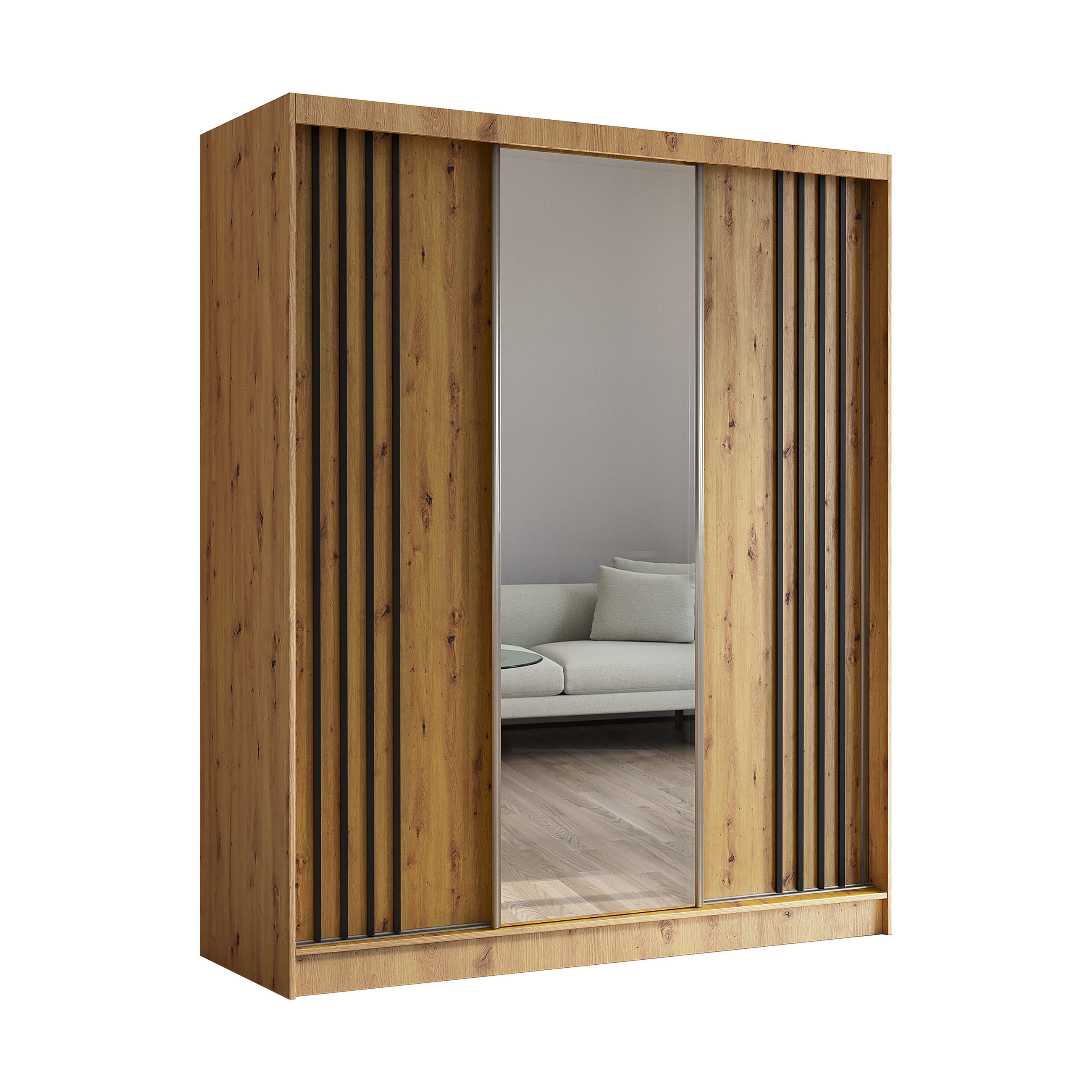 KLEIDERSCHRANK mit Spiegel-Schiebetüren und Aluminium-Leisten, LED-Beleuchtung - NALLA - 180 cm Artisan+Artisan+Schwarz - Schwarz/Eiche Artisan, Holzwerkstoff (180/216/61cm) - ALTDECOR