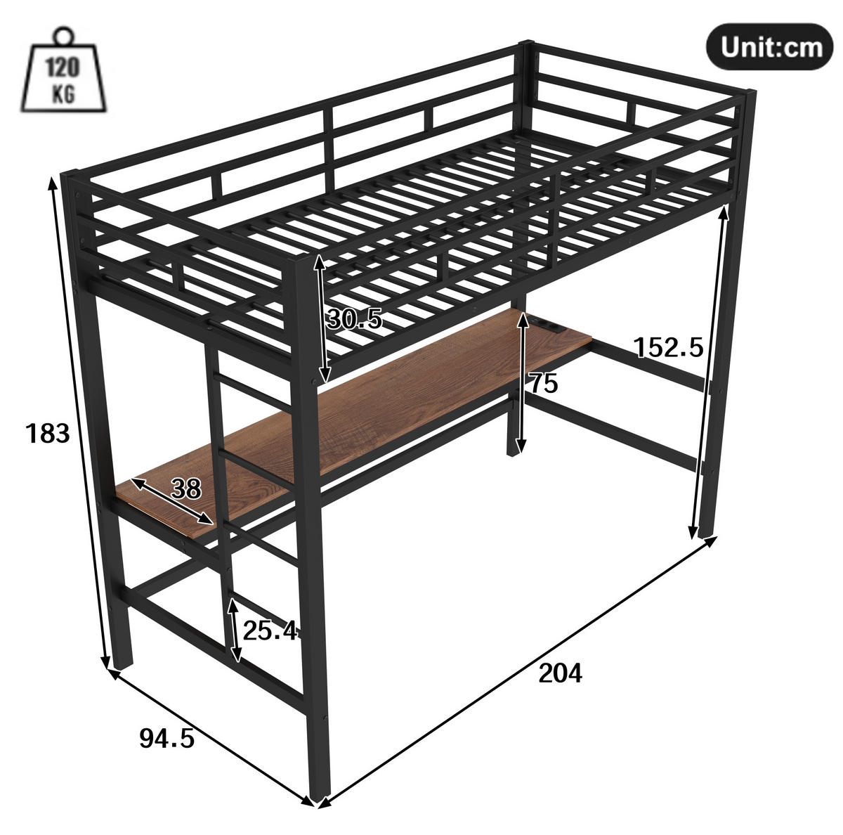 HOCHBETT 90/200 cm aus Metall mit Schreibtisch, LED-Beleuchtung und Anschlüssen - Schwarz, Metall (90/200cm) - Flora Grace