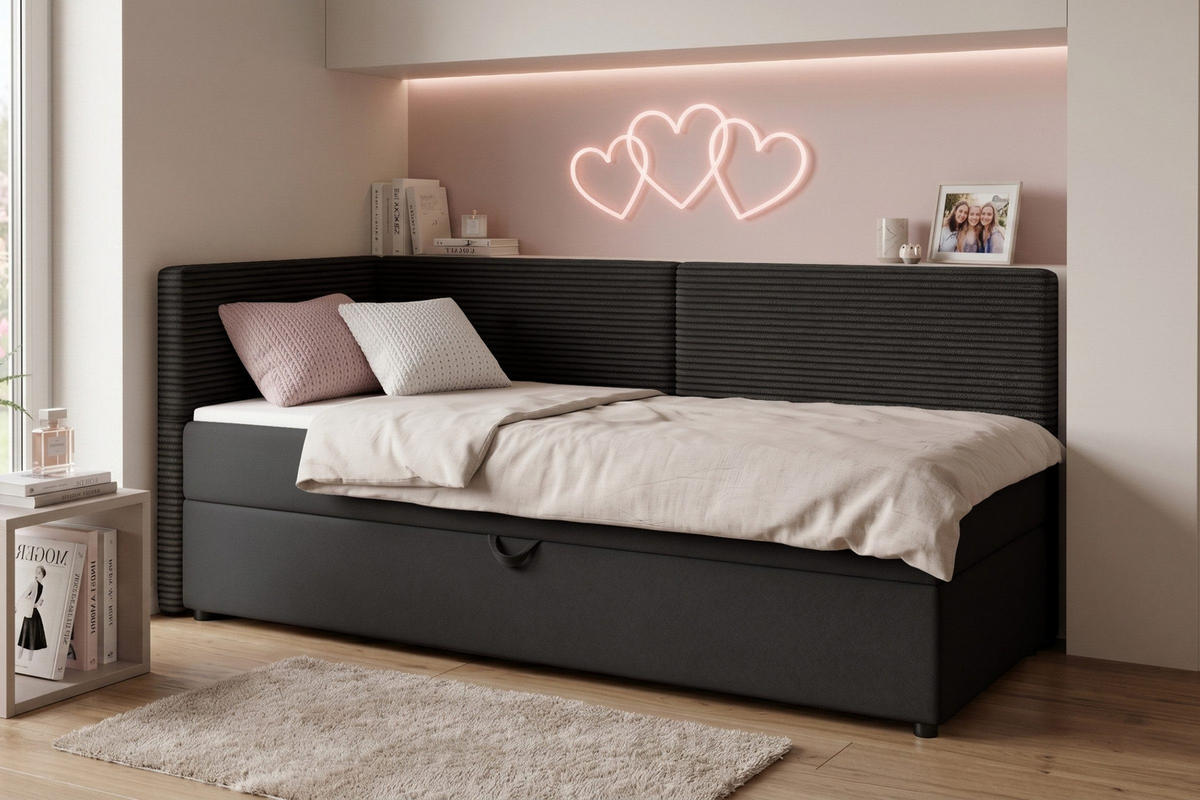 BOXBETT MILA 90/200 in Cord/Velours Schwarz H4 links - Schwarz, Holz/Holzwerkstoff (90/200cm) - Deine Möbel 24