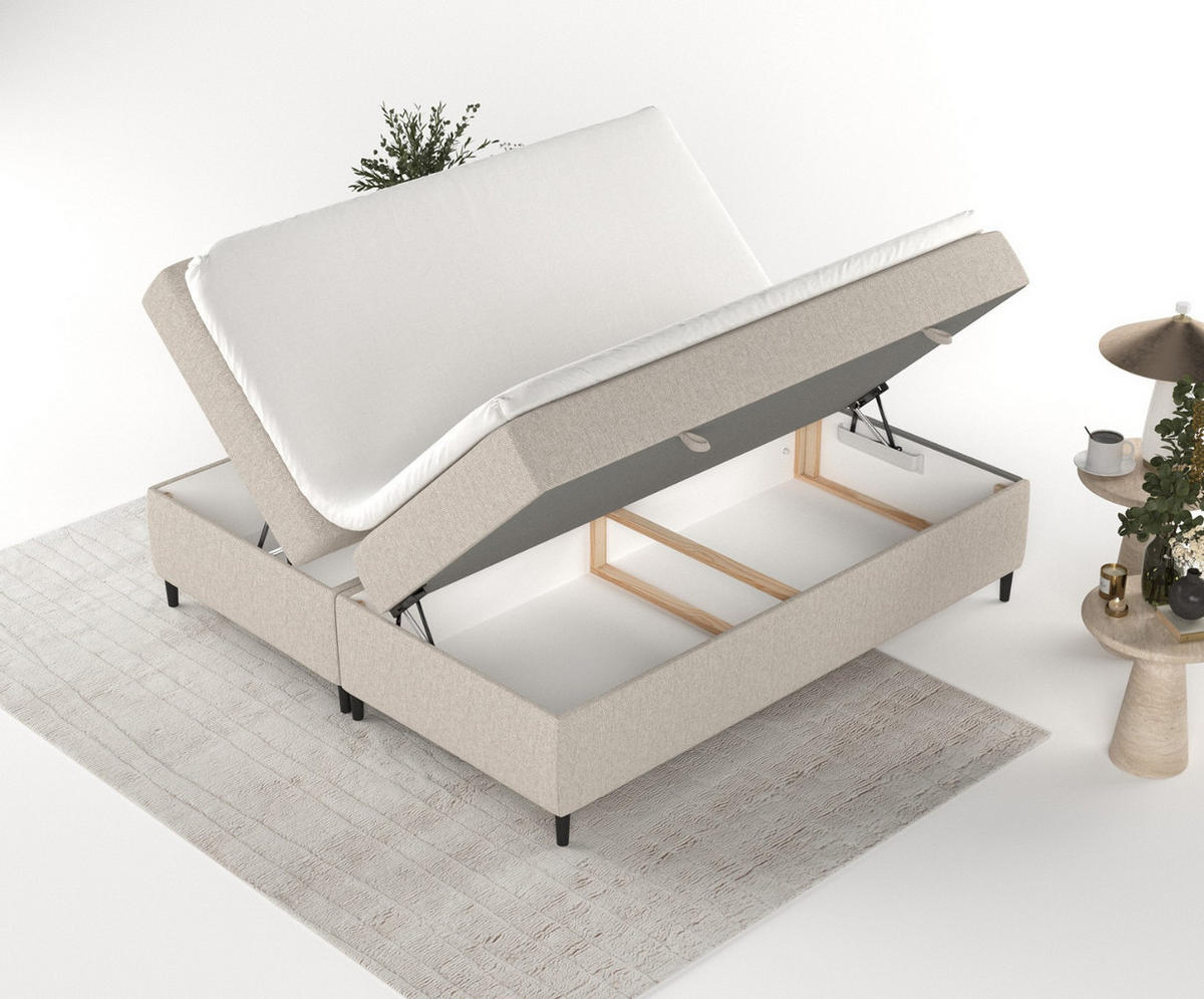 BOXBETT Theo 160/200 cm Hellbeige im Megan Stoff - Sandfarben/Schwarz, Holz/Holzwerkstoff (160/200cm) - AltaBeds