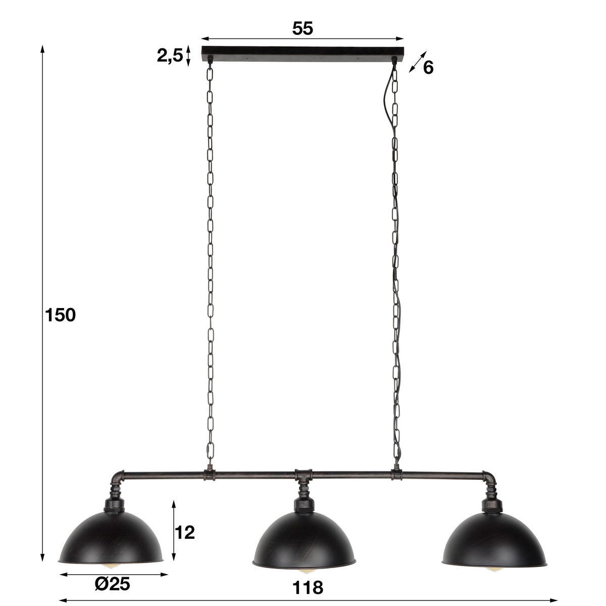 HÄNGELEUCHTE Tube Grau 118/25/ 150 cm - Grau, Metall (118/25/150cm) - Hoyz Collection