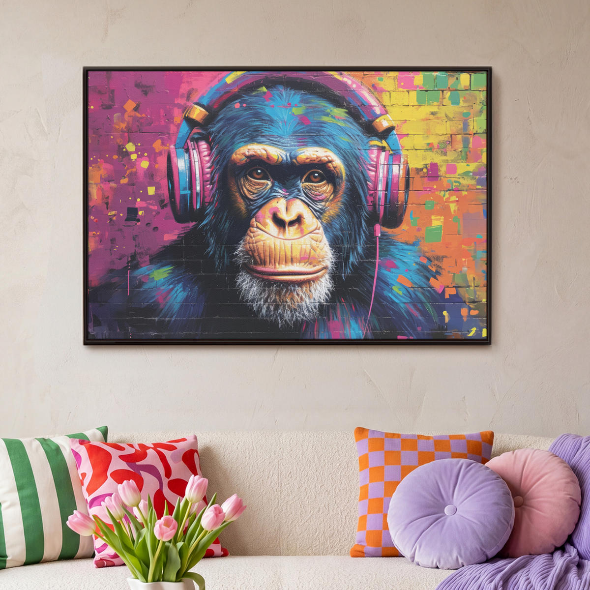 LEINWAND Bilder mit Rahmen - Graffiti - Schimpanse - Straßenkunst - Kopfhörer - Affe - 90x60 - Blau, Textil (90/60cm) - MuchoWow