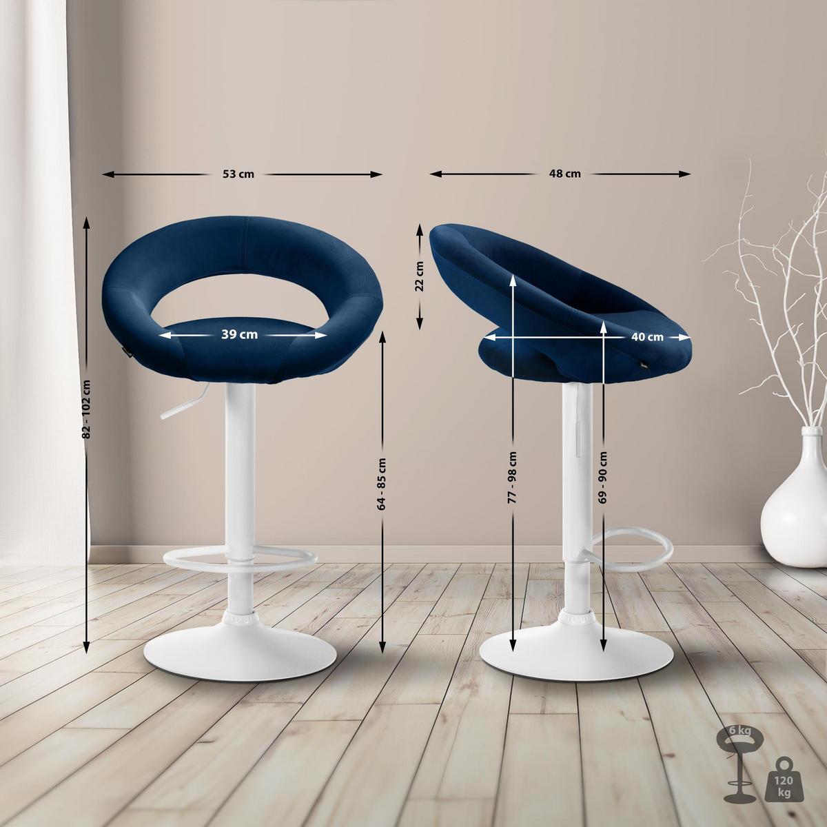 BARHOCKER Samt blau - Blau/Weiß, Textil/Metall (53/80/47cm) - CLP