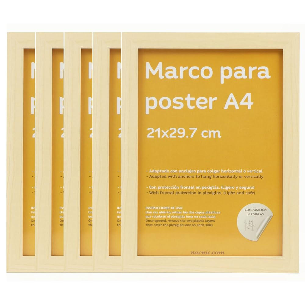 RAHMEN Set mit 48 aus MDF und Acrylglas Schutz und Aussteller für Fotografien, Bilder, Poster, Gemälde, Dekoration für Haus Farbe Hellholz A4 - Beige, Holz (21/3/29.7cm) - Nacnic