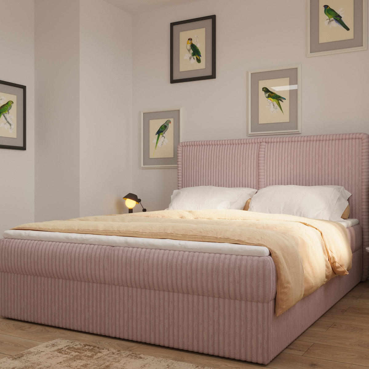BOXBETT 04 180 x 200 cm - Ambience – Modernes Polsterbett mit Bettkasten, Topper und gepolstertem Kopfteil, Stoffbezug, Stauraumbett - Rosa, Holz (180/200cm) - ROYAL24_MARKT