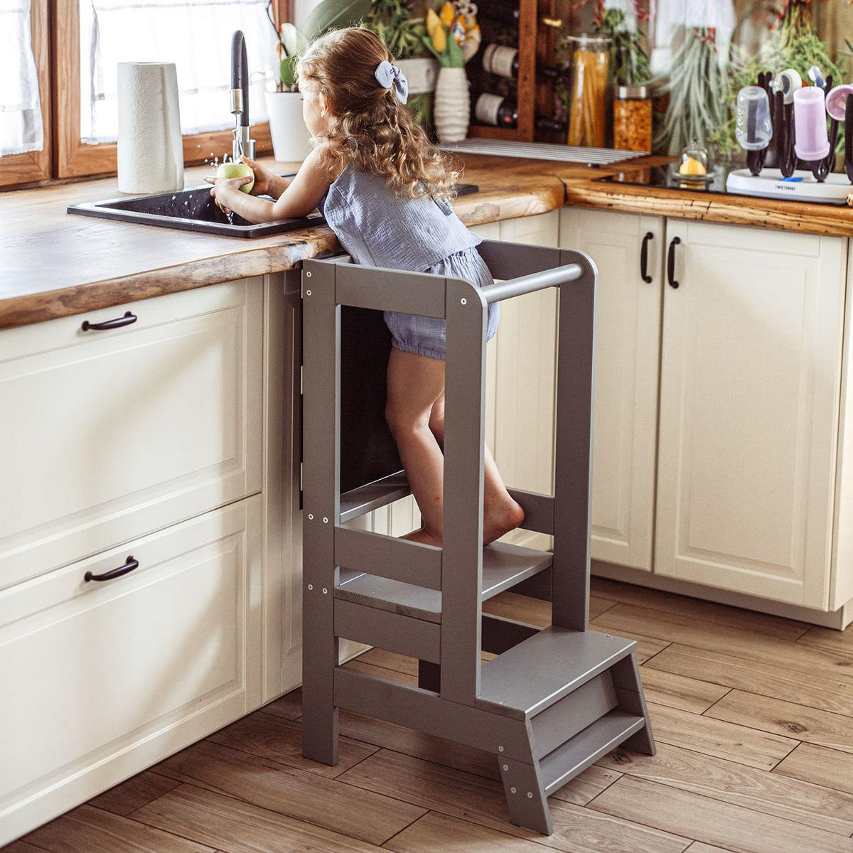 LERNTURM mit Tafel für Kinder, Natur Holz, Grau - Grau, Holz (39/90/90cm) - MeowBaby