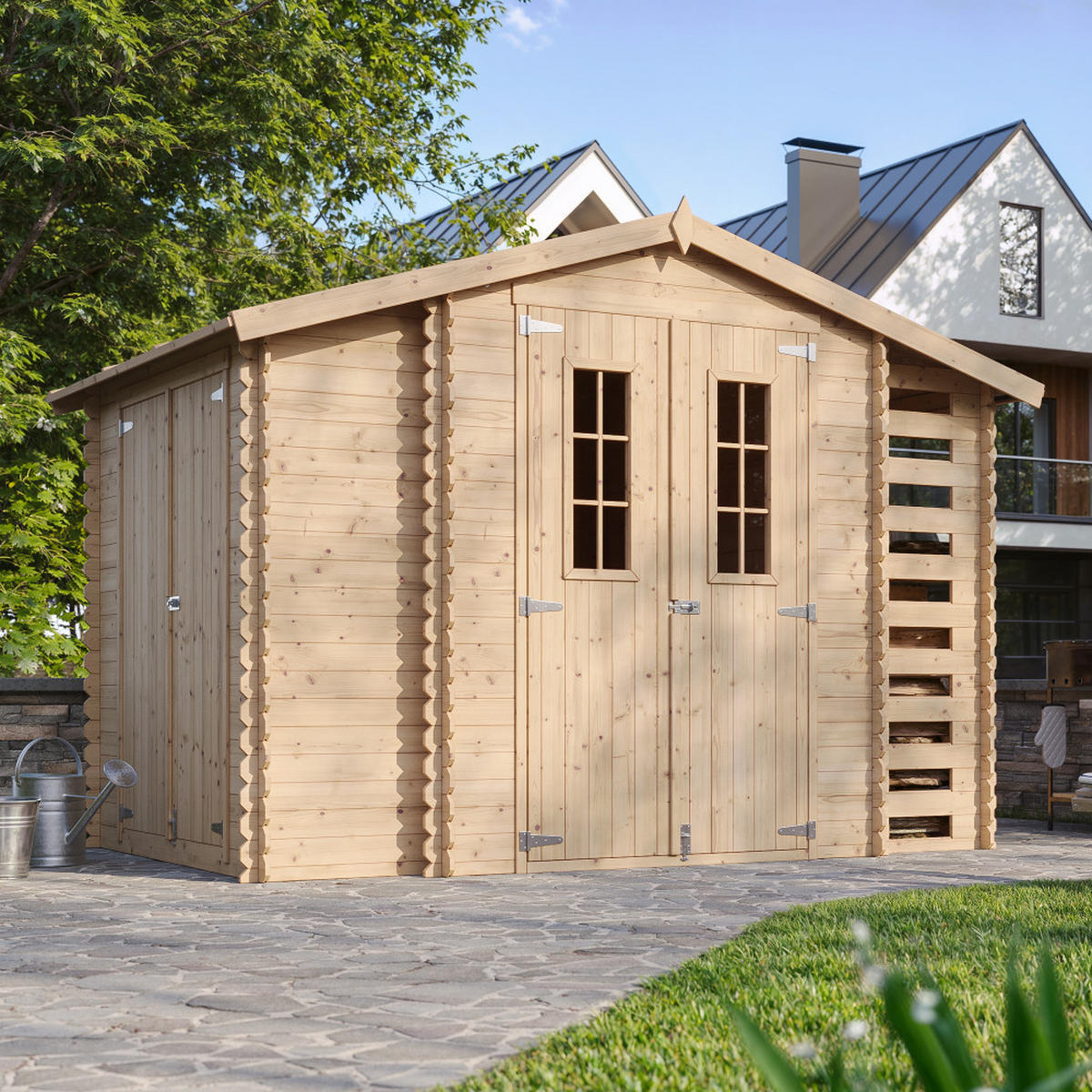 GARTENHAUS aus Holz mit Brennholzschuppen - B328xL206xH218 cm/ 3,53 + 0,97 + 0,97 m2 - M389C - Beige, Holz (312/218/206cm) - Timbela