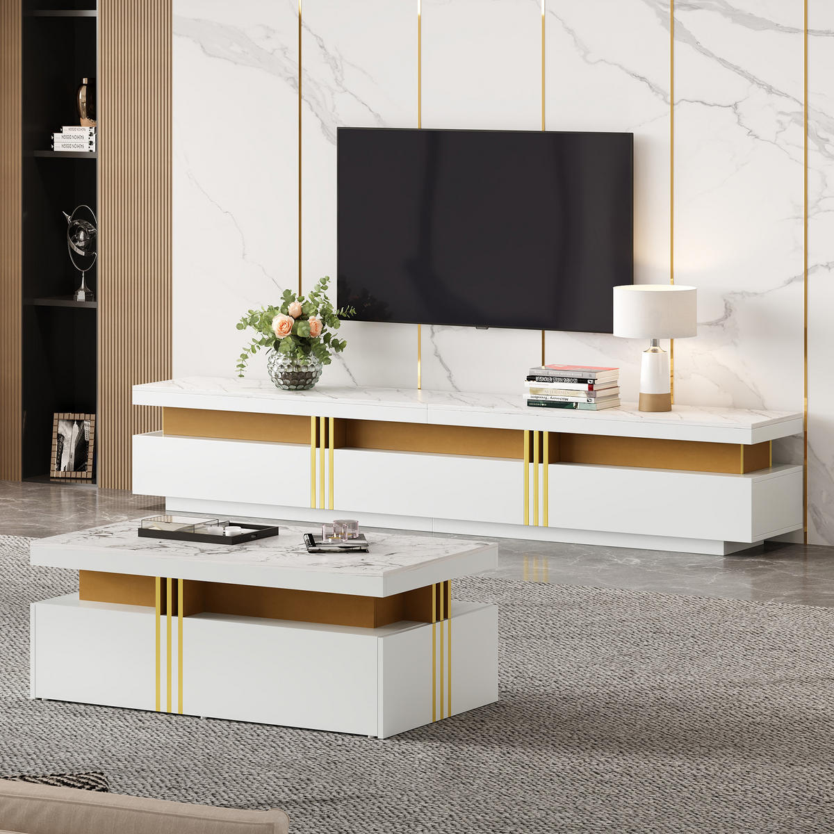 COUCHTISCH Set & TV-Schrank weiß mit Marmoroptik-Hochglanzplatte und goldenen Metallverzierungen - Weiß, Holzwerkstoff (50/100/40cm) - Luhomfu