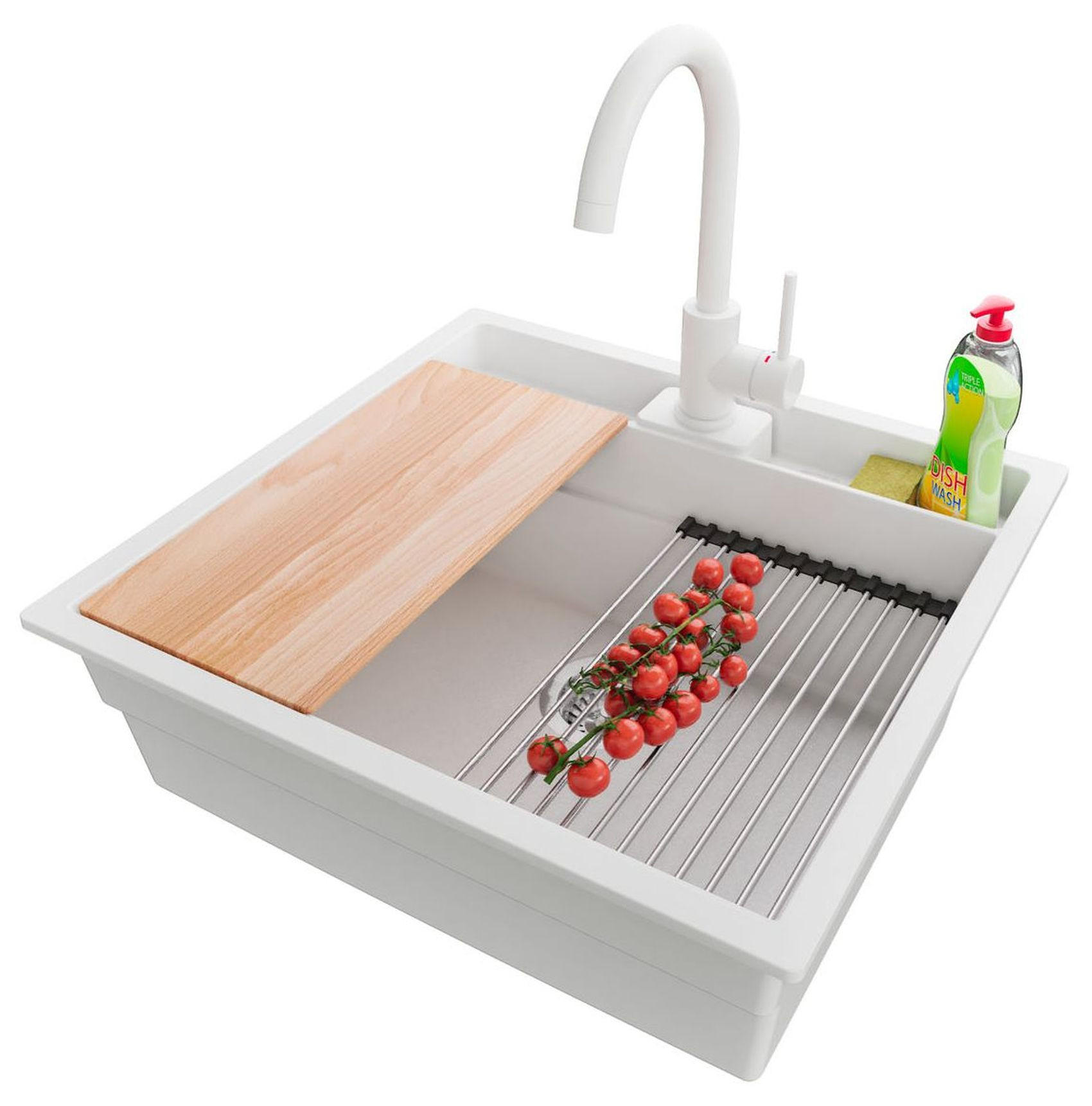 GRANITSPÜLE Bergen Pocket, 2-er set Weiß 56/54 cm 1 Becken + Küchenarmatur 32/20 cm + Ablauf-Set + Küchenzubehörset ab 60er Unterschrank - Chromfarben/Beige, Kunststoff (56/20/54cm) - Primagran