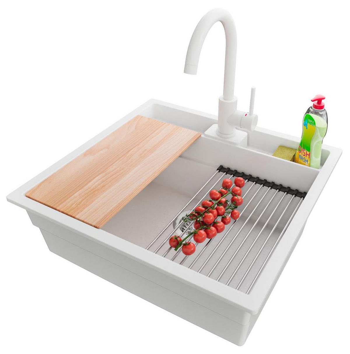 GRANITSPÜLE Bergen Pocket, 2-er set Weiß 56/54 cm 1 Becken + Küchenarmatur 32/20 cm + Ablauf-Set + Küchenzubehörset ab 60er Unterschrank - Chromfarben/Beige, Kunststoff (56/20/54cm) - Primagran