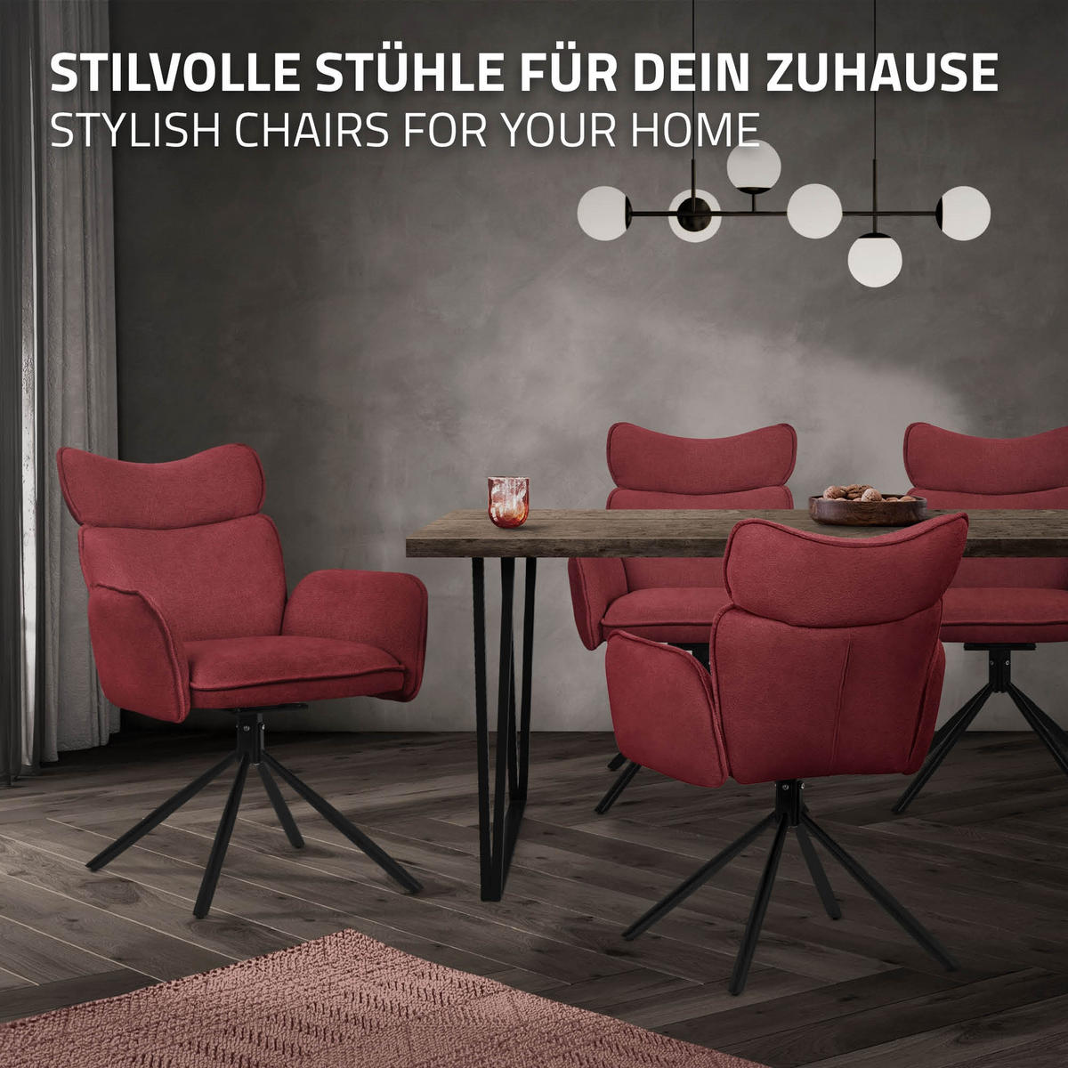 ESSZIMMERSTÜHLE 2er Set drehbar Rot mit Stoffbezug - Rot/Schwarz, Textil/Metall (63/89/68cm) - ML-DESIGN