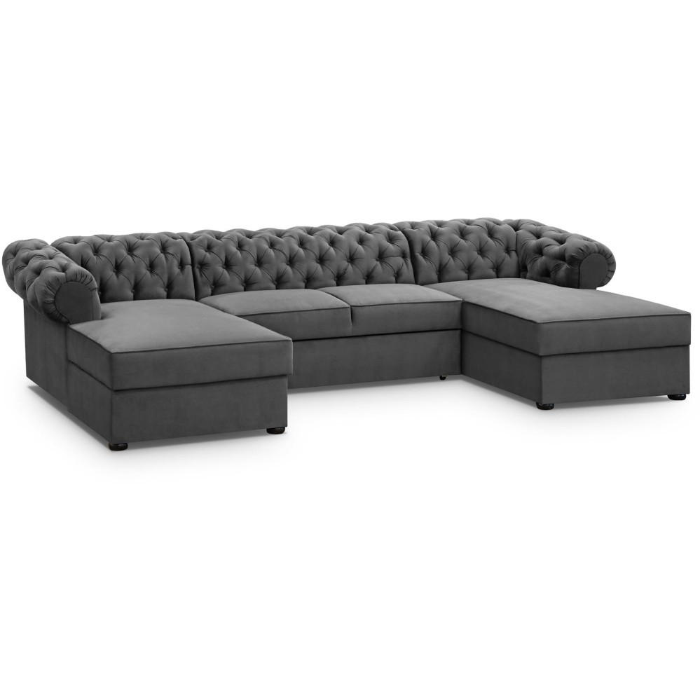 WOHNLANDSCHAFT Chester im Chesterfield-Stil, Grau - Schwarz/Grau, Textil (348/81/174cm) - Beautysofa