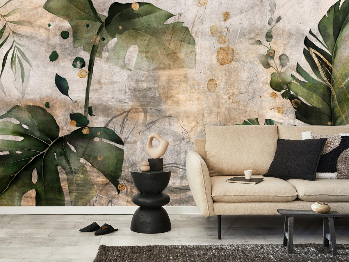 FOTOTAPETE für Schlafzimmer Tropisch Monstera Aquarell Retro 300x210 - Beige/Orange, Papier (300/210cm) - Muralo