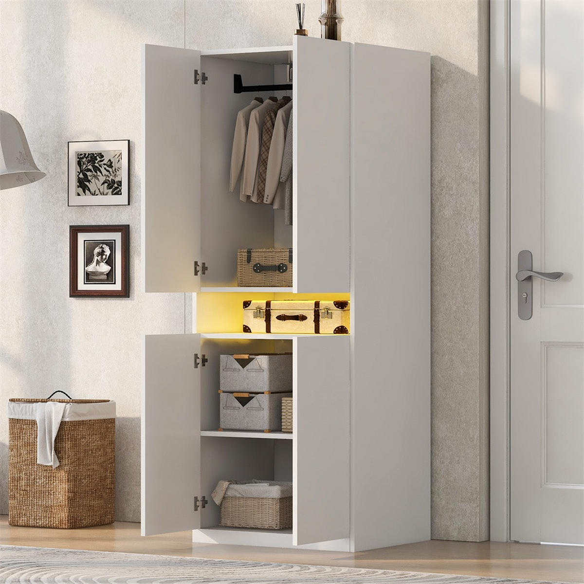 KLEIDERSCHRANK mit LED-Beleuchtung & Kleiderstange - 4 Türen & Offenes Fach - 70 × 55 × 180 cm - Weiß - Weiß, Holzwerkstoff (70/180/55cm) - DELFA