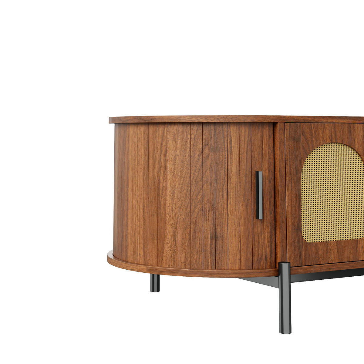 COUCHTISCH oval in Nussbaum 100/50/40 cm aus MDF mit Rattan-Türen, Schiebetüren und Stauraum - Schwarz/Braun, Holzwerkstoff/Metall (50/100/40cm) - CHICFURN