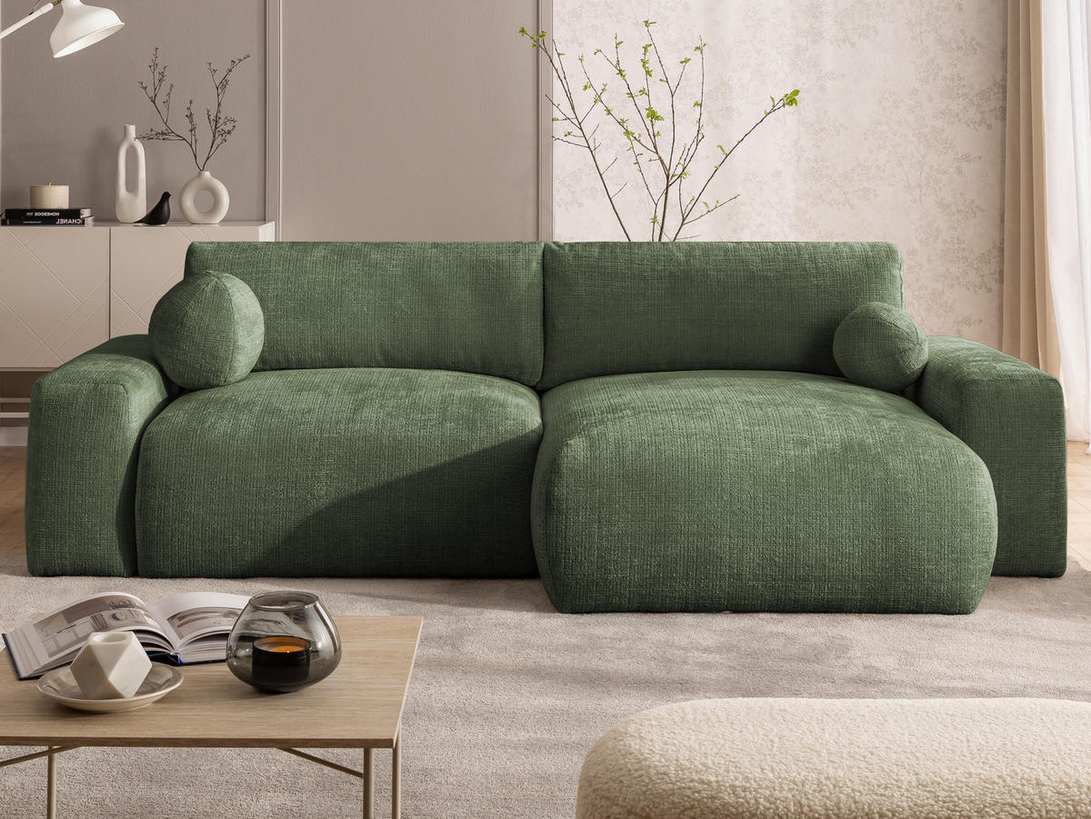 ECKSOFA Puffy mit Schlaffunktion und Bettkasten - besonders weich und puffig aus Grün Chenille-Stoff - Ottomane rechts - Schwarz/Grün, Holz/Kunststoff (266/138cm) - S-Style Möbel