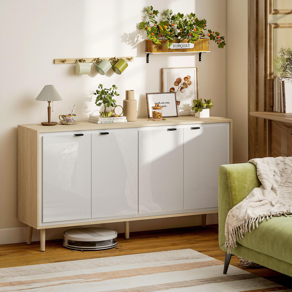 SIDEBOARD DE-11234 Hochglanz, 4 Türen & verstellbare Böden Weiß/Eiche - Weiß, Holzwerkstoff (141/77/35cm) - ComfortXL