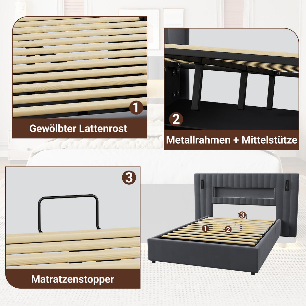 POLSTERBETT 200/193/110 cm aus Samt mit hydraulischem Stauraum, LED & USB‑Anschlüssen, Dunkelgrau - Dunkelgrau, Textil (140/200cm) - OKMYHOME