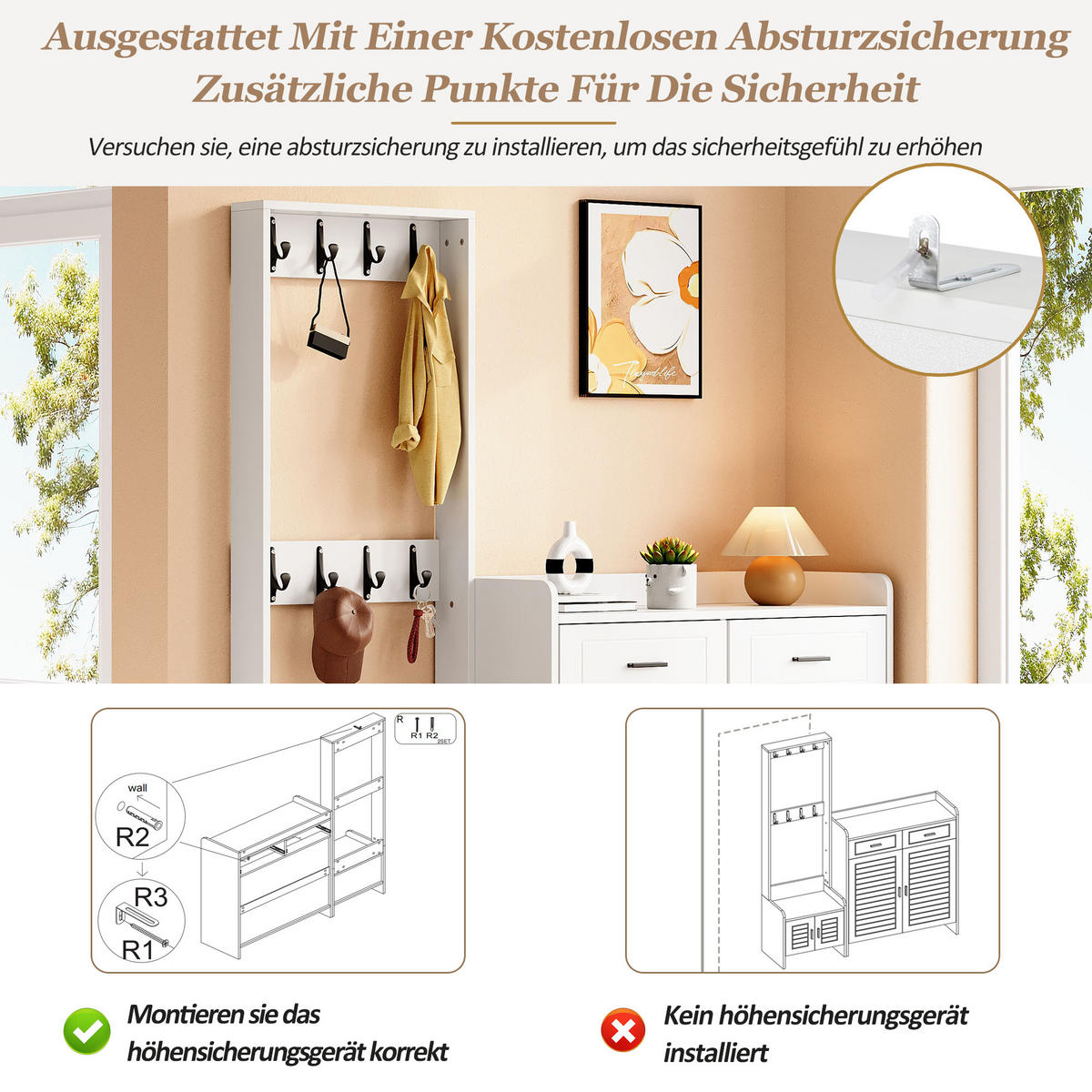 GARDEROBE mit 8 Haken, 6 Ablagen und 2 Schubladen in Weiß - Weiß, Holzwerkstoff (125/165/32cm) - EVRYAE
